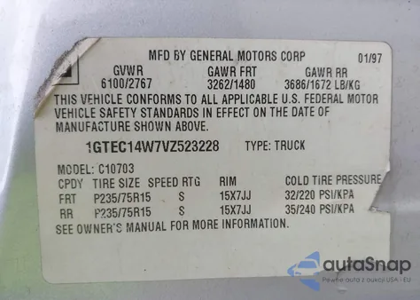 1997 GMC Sierra C1500 z USA, uszkodzony, nr VIN 1GTEC14W7VZ523228